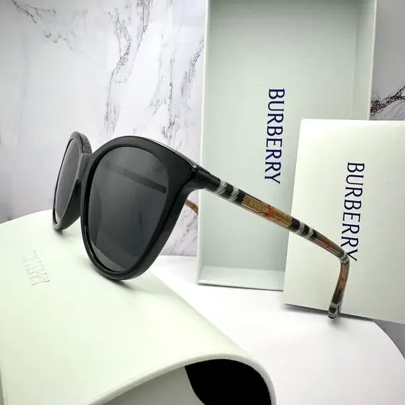 New Burberry Sunglasses Black Front Round Pantos Frame Checkered Arms Gray Lens - Picture 14 of 16